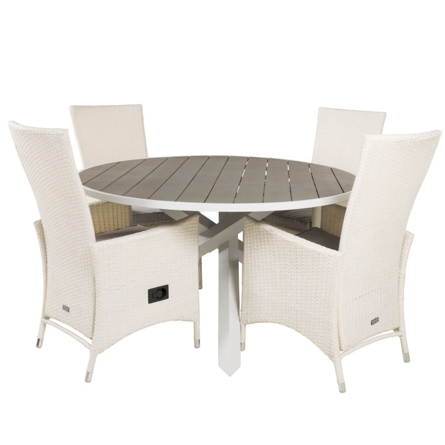 VENTURE DESIGN havest m. Parma bord (140) og 4 Padova stole m recliner - hvid rattan/gr aintwood