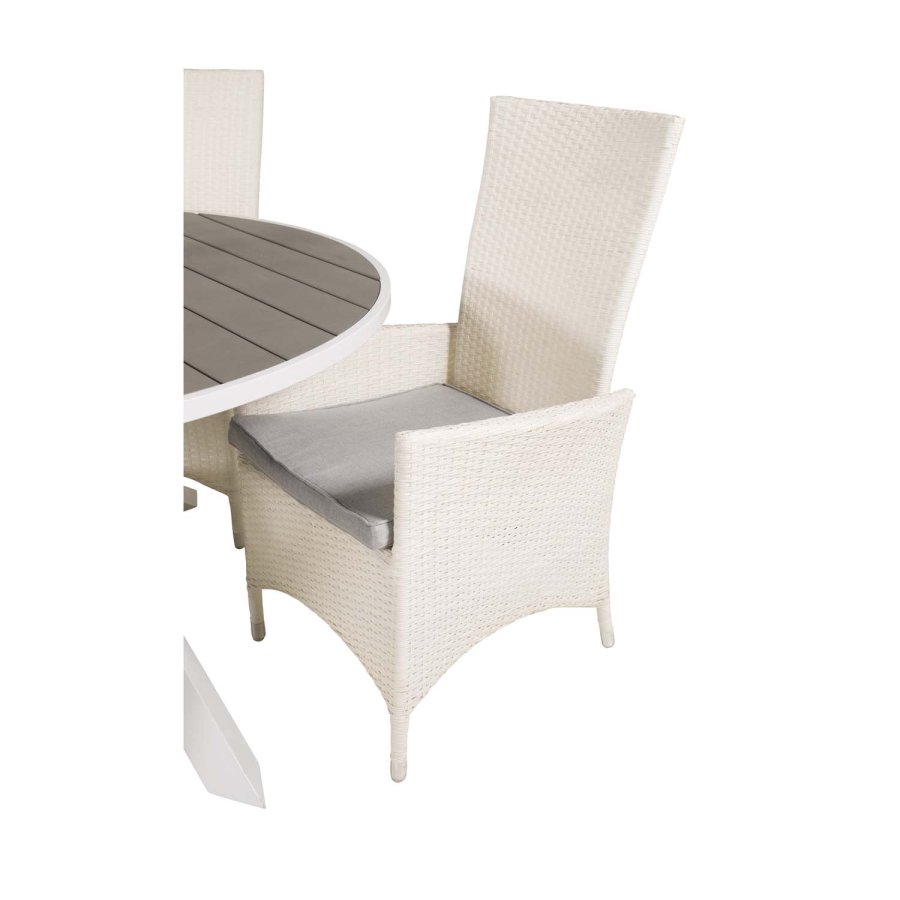 VENTURE DESIGN havest m. Parma bord (140) og 4 Padova stole m recliner - hvid rattan/gr aintwood