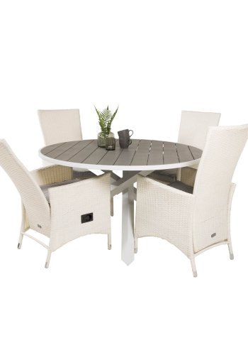 VENTURE DESIGN havest m. Parma bord (140) og 4 Padova stole m recliner - hvid rattan/gr aintwood