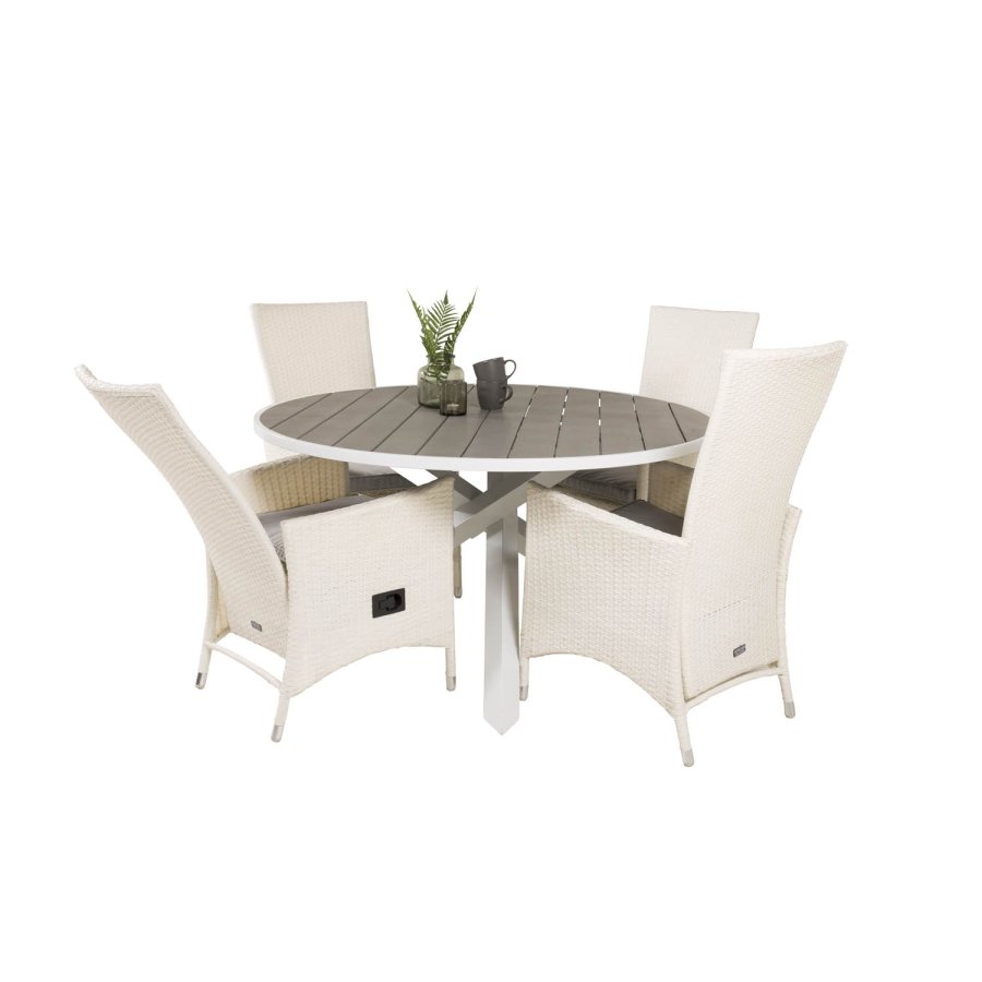 VENTURE DESIGN havest m. Parma bord (140) og 4 Padova stole m recliner - hvid rattan/gr aintwood