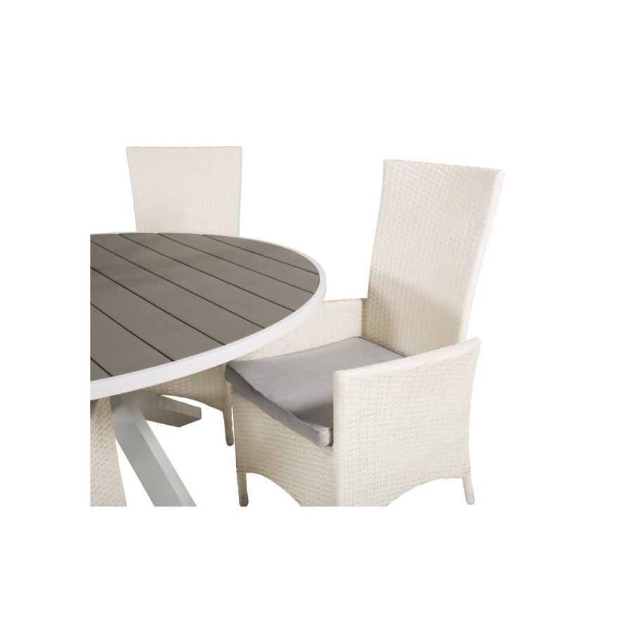 VENTURE DESIGN havest m. Parma bord (140) og 4 Padova stole m recliner - hvid rattan/gr aintwood