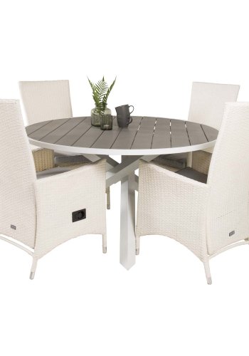 VENTURE DESIGN havest m. Parma bord (140) og 4 Padova stole m recliner - hvid rattan/gr aintwood