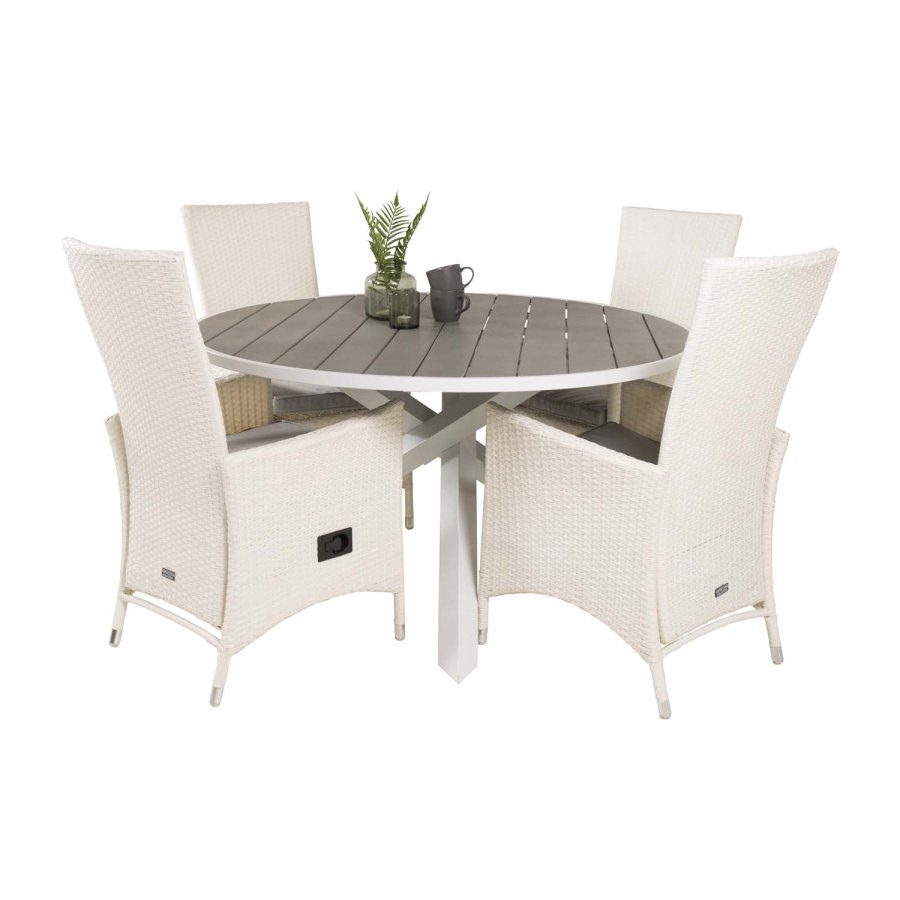 VENTURE DESIGN havest m. Parma bord (140) og 4 Padova stole m recliner - hvid rattan/gr aintwood