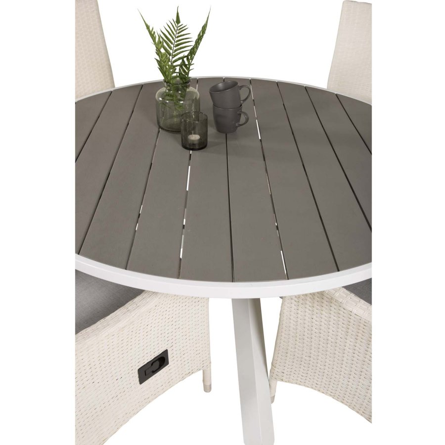 VENTURE DESIGN havest m. Parma bord (140) og 4 Padova stole m recliner - hvid rattan/gr aintwood