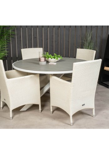 VENTURE DESIGN havest m. Parma bord (140) og 4 Malin stole m. armln - hvid rattan/gr aintwood