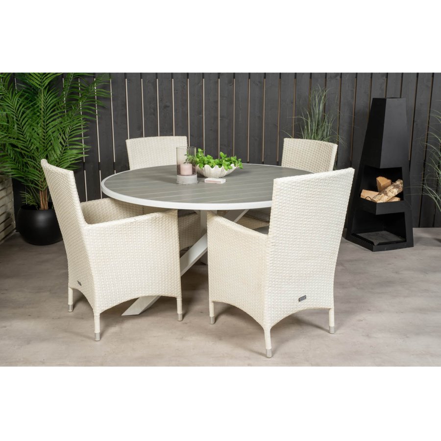 VENTURE DESIGN havest m. Parma bord (140) og 4 Malin stole m. armln - hvid rattan/gr aintwood