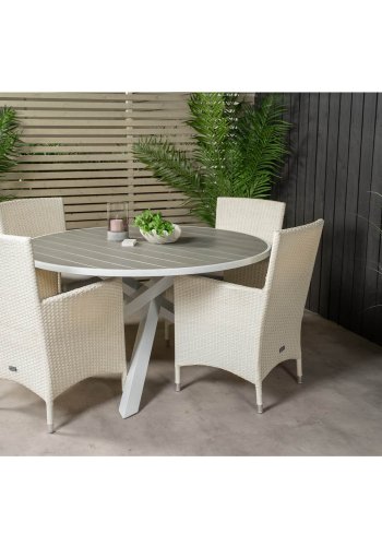 VENTURE DESIGN havest m. Parma bord (140) og 4 Malin stole m. armln - hvid rattan/gr aintwood