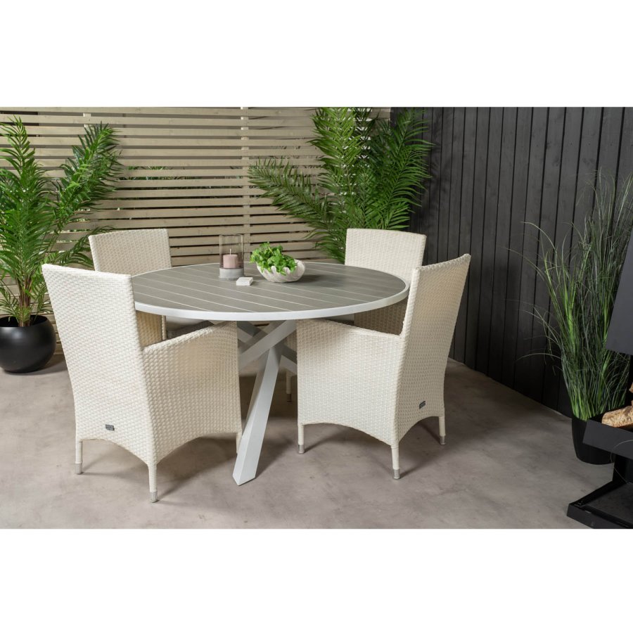 VENTURE DESIGN havest m. Parma bord (140) og 4 Malin stole m. armln - hvid rattan/gr aintwood