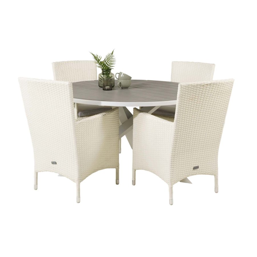 VENTURE DESIGN havest m. Parma bord (140) og 4 Malin stole m. armln - hvid rattan/gr aintwood