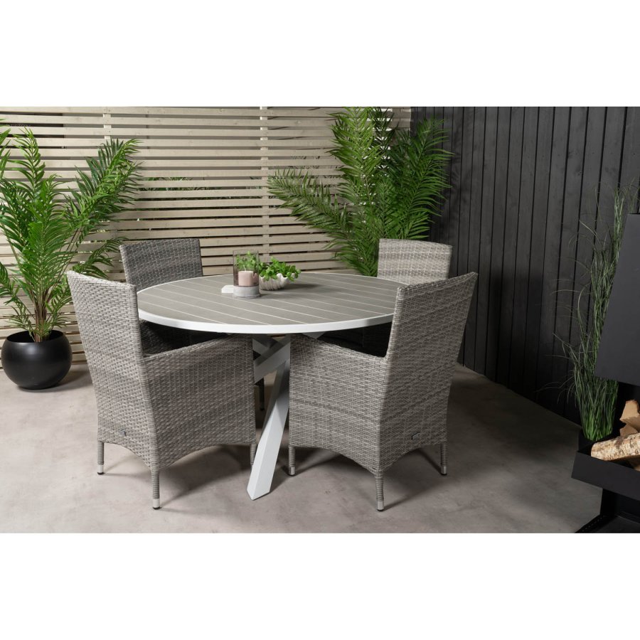 VENTURE DESIGN havest m. Parma bord (140) og 4 Malin stole m. armln + hynde - gr rattan/aintwood