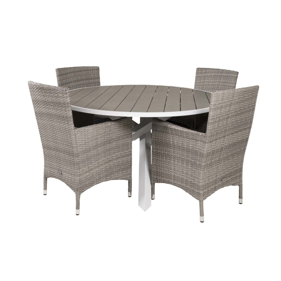 VENTURE DESIGN havest m. Parma bord (140) og 4 Malin stole m. armln + hynde - gr rattan/aintwood