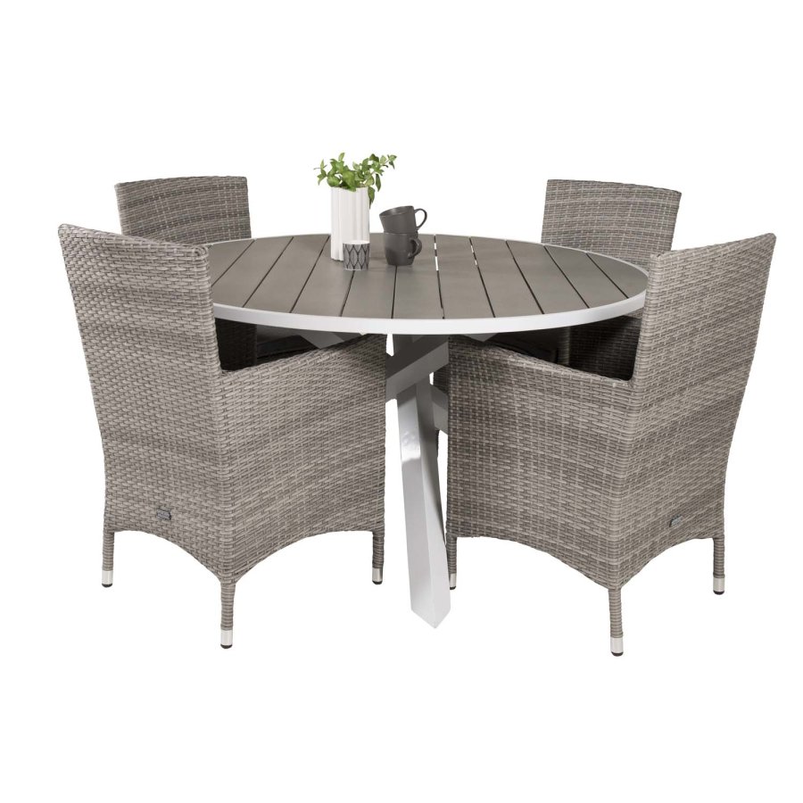 VENTURE DESIGN havest m. Parma bord (140) og 4 Malin stole m. armln + hynde - gr rattan/aintwood