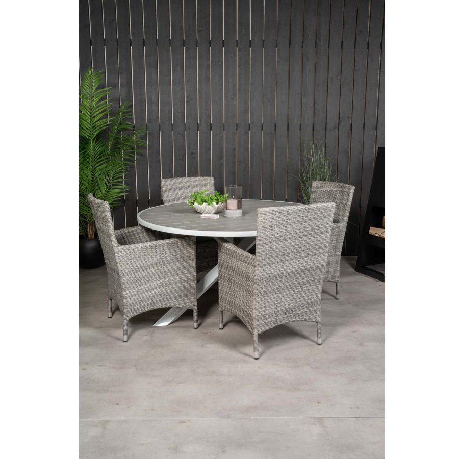 VENTURE DESIGN havest m. Parma bord (140) og 4 Malin stole m. armln + hynde - gr rattan/aintwood