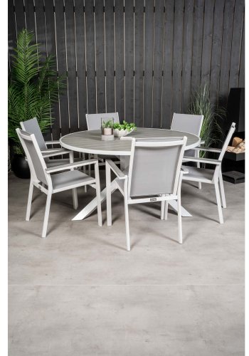 VENTURE DESIGN Parma havest, m. bord (140) og 6 stole m. armln - hvid alu/gr textilene/aintwood