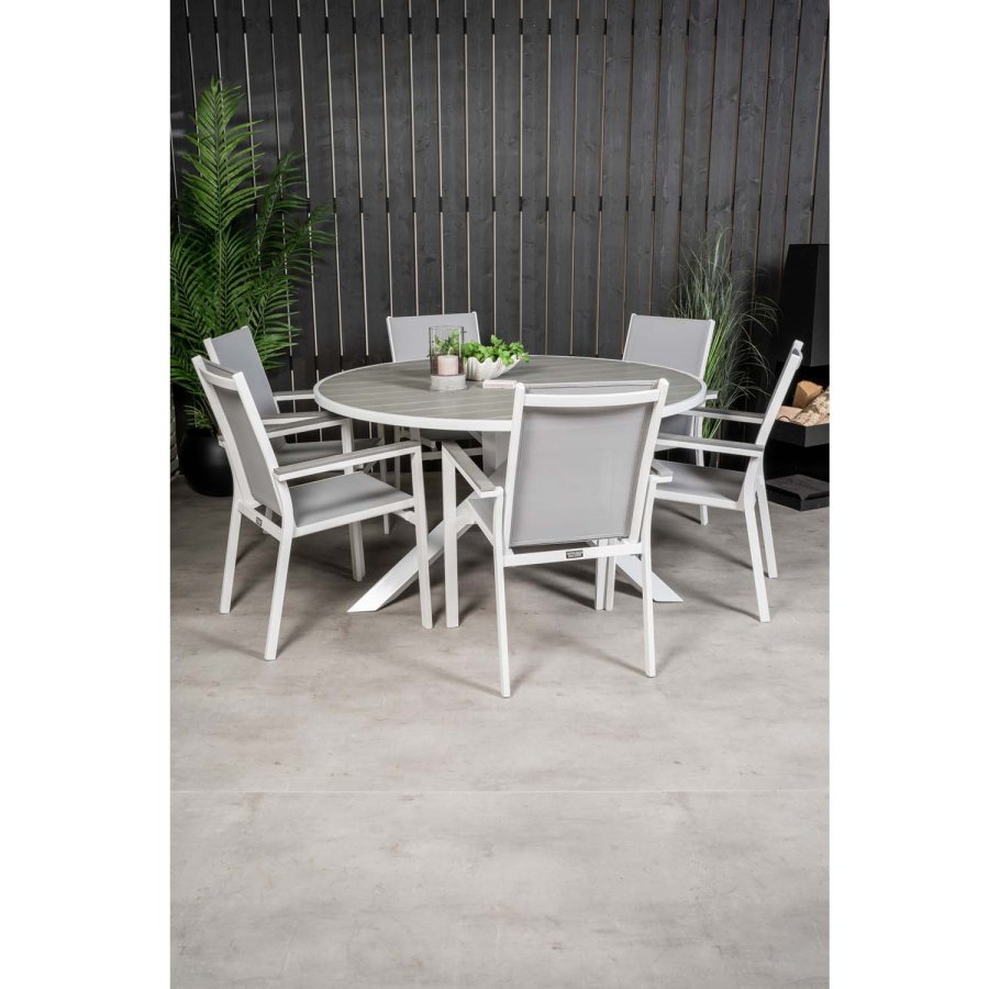 VENTURE DESIGN Parma havest, m. bord (140) og 6 stole m. armln - hvid alu/gr textilene/aintwood
