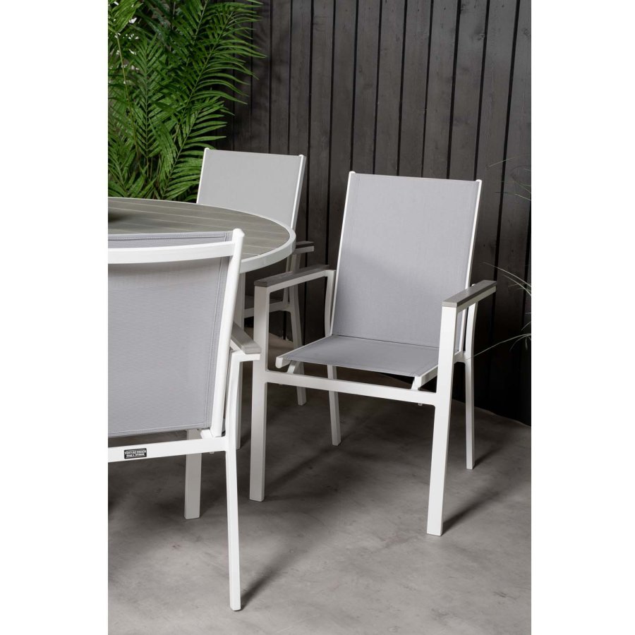 VENTURE DESIGN Parma havest, m. bord (140) og 6 stole m. armln - hvid alu/gr textilene/aintwood