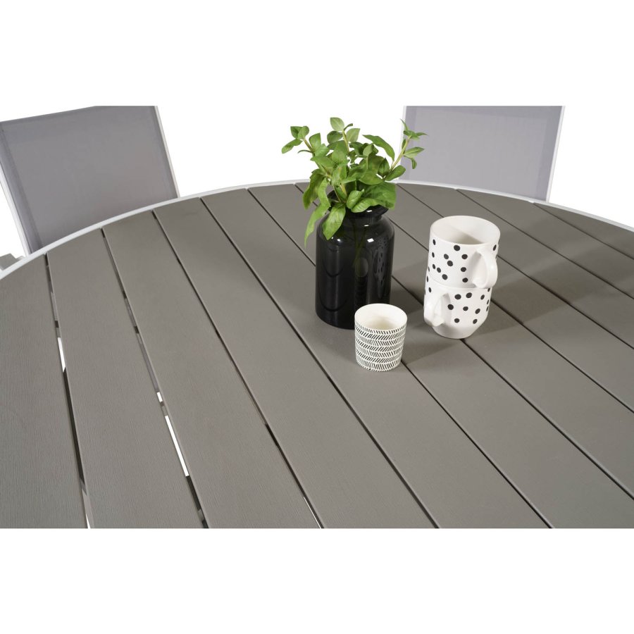 VENTURE DESIGN Parma havest, m. bord (140) og 6 stole m. armln - hvid alu/gr textilene/aintwood