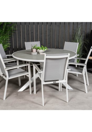 VENTURE DESIGN Parma havest, m. bord (140) og 6 stole m. armln - hvid alu/gr textilene/aintwood