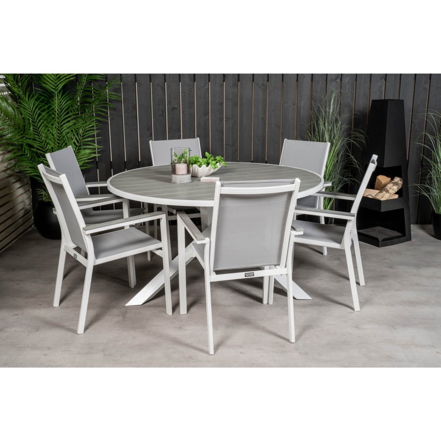 VENTURE DESIGN Parma havest, m. bord (140) og 6 stole m. armln - hvid alu/gr textilene/aintwood
