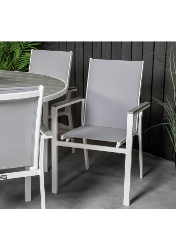 VENTURE DESIGN Parma havest, m. bord (140) og 6 stole m. armln - hvid alu/gr textilene/aintwood