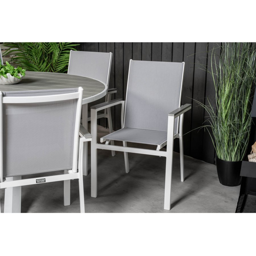 VENTURE DESIGN Parma havest, m. bord (140) og 6 stole m. armln - hvid alu/gr textilene/aintwood