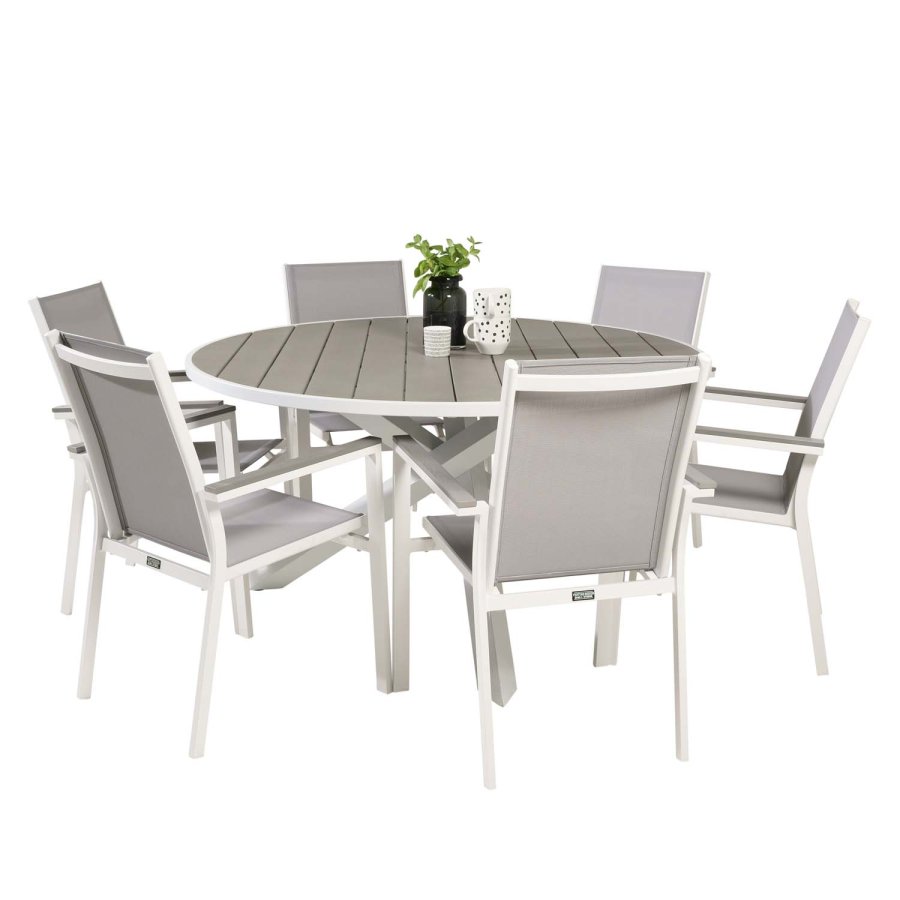 VENTURE DESIGN Parma havest, m. bord (140) og 6 stole m. armln - hvid alu/gr textilene/aintwood