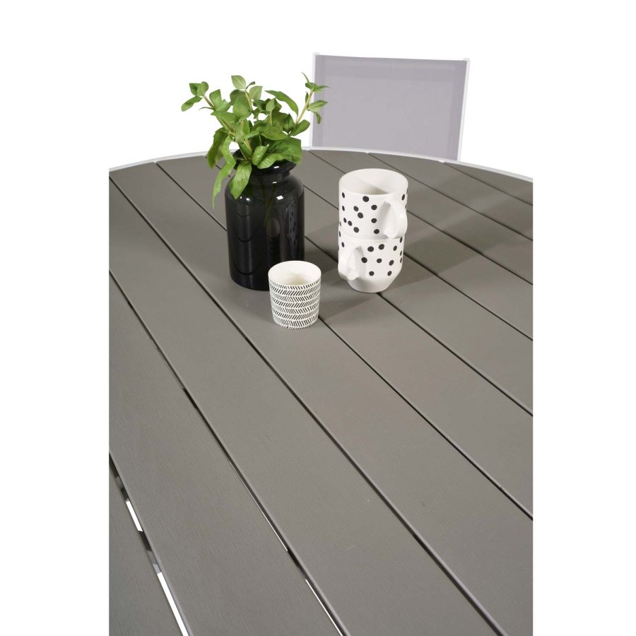 VENTURE DESIGN Parma havest, m. bord (140) og 6 stole m. armln - hvid alu/gr textilene/aintwood