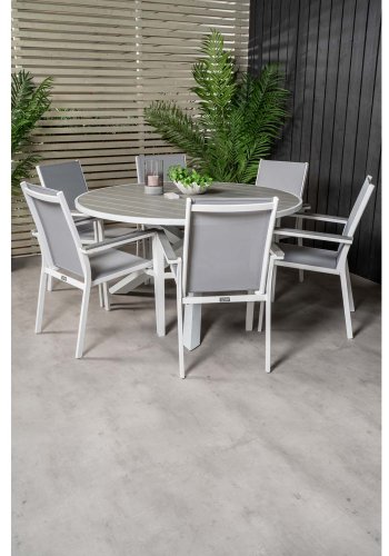 VENTURE DESIGN Parma havest, m. bord (140) og 6 stole m. armln - hvid alu/gr textilene/aintwood