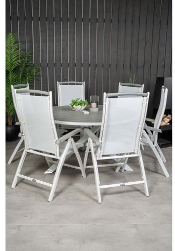 VENTURE DESIGN havest, m. Parma bord ( 140) og 6 Albany stole, m. recliner - hvid alu/gr aintwood