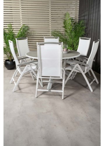 VENTURE DESIGN havest, m. Parma bord ( 140) og 6 Albany stole, m. recliner - hvid alu/gr aintwood