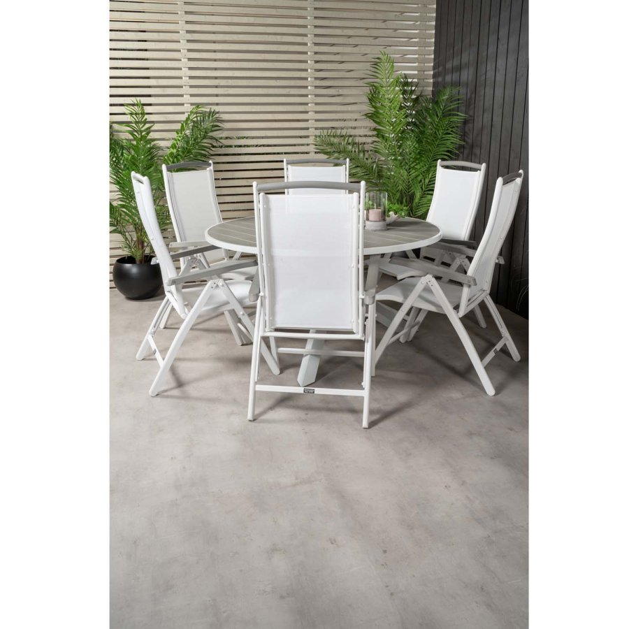 VENTURE DESIGN havest, m. Parma bord ( 140) og 6 Albany stole, m. recliner - hvid alu/gr aintwood