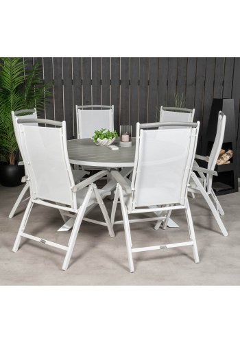 VENTURE DESIGN havest, m. Parma bord ( 140) og 6 Albany stole, m. recliner - hvid alu/gr aintwood