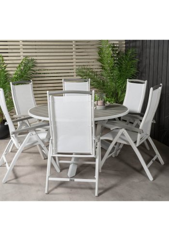 VENTURE DESIGN havest, m. Parma bord ( 140) og 6 Albany stole, m. recliner - hvid alu/gr aintwood