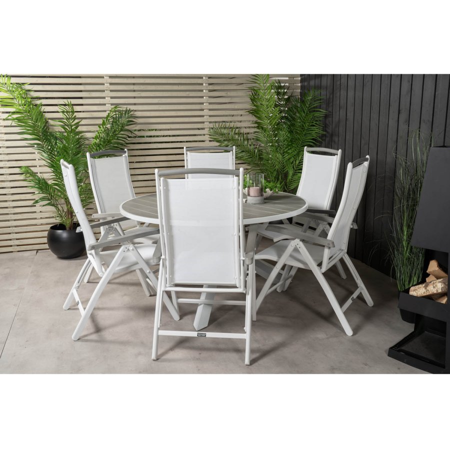 VENTURE DESIGN havest, m. Parma bord ( 140) og 6 Albany stole, m. recliner - hvid alu/gr aintwood