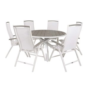 VENTURE DESIGN havest, m. Parma bord ( 140) og 6 Albany stole, m. recliner - hvid alu/gr aintwood