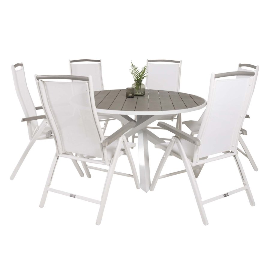 VENTURE DESIGN havest, m. Parma bord ( 140) og 6 Albany stole, m. recliner - hvid alu/gr aintwood