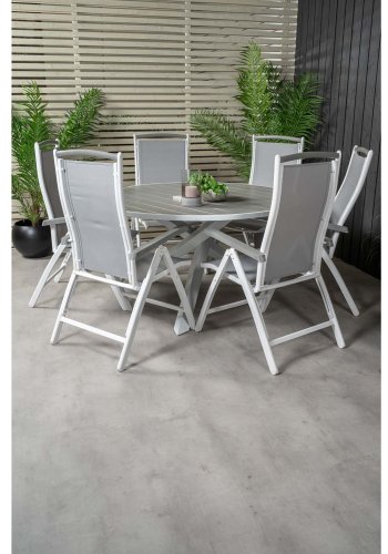 VENTURE DESIGN havest, m. Parma bord ( 140) og 6 Albany stole, m. armln - hvid alu/gr textilene