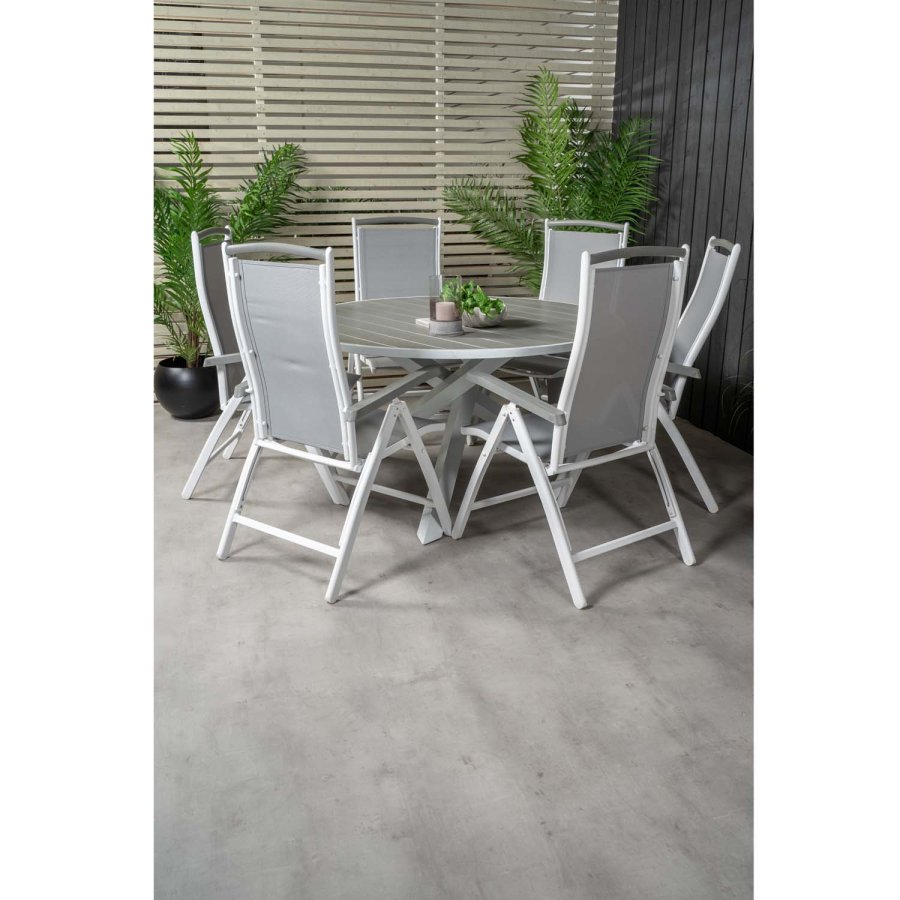 VENTURE DESIGN havest, m. Parma bord ( 140) og 6 Albany stole, m. armln - hvid alu/gr textilene