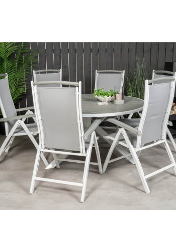 VENTURE DESIGN havest, m. Parma bord ( 140) og 6 Albany stole, m. armln - hvid alu/gr textilene