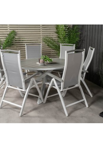 VENTURE DESIGN havest, m. Parma bord ( 140) og 6 Albany stole, m. armln - hvid alu/gr textilene