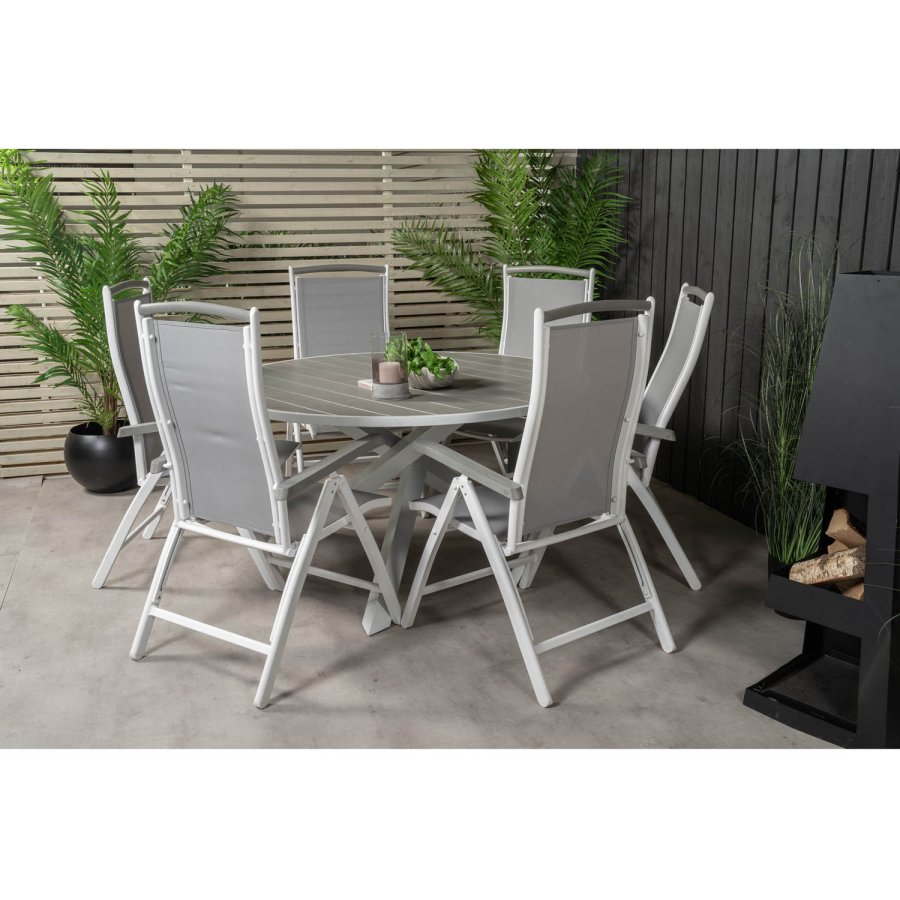 VENTURE DESIGN havest, m. Parma bord ( 140) og 6 Albany stole, m. armln - hvid alu/gr textilene