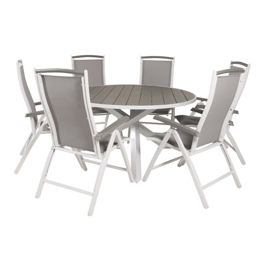 VENTURE DESIGN havest, m. Parma bord ( 140) og 6 Albany stole, m. armln - hvid alu/gr textilene