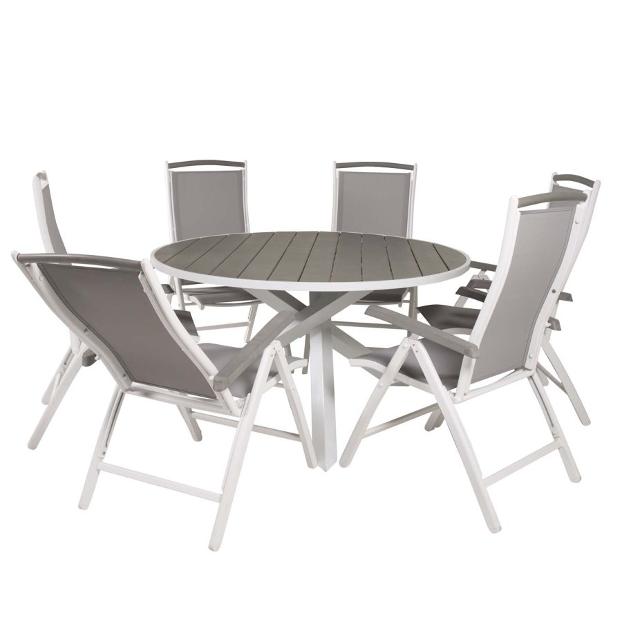 VENTURE DESIGN havest, m. Parma bord ( 140) og 6 Albany stole, m. armln - hvid alu/gr textilene