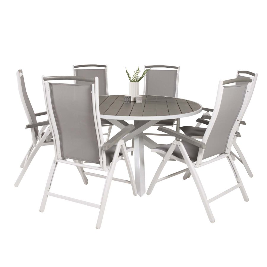 VENTURE DESIGN havest, m. Parma bord ( 140) og 6 Albany stole, m. armln - hvid alu/gr textilene