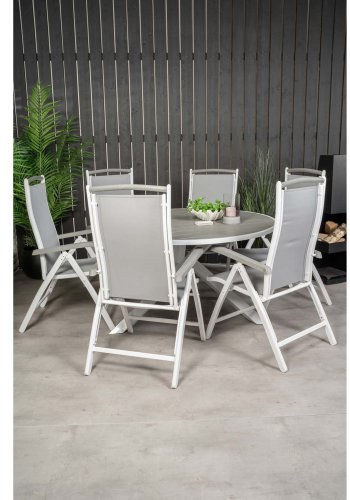 VENTURE DESIGN havest, m. Parma bord ( 140) og 6 Albany stole, m. armln - hvid alu/gr textilene