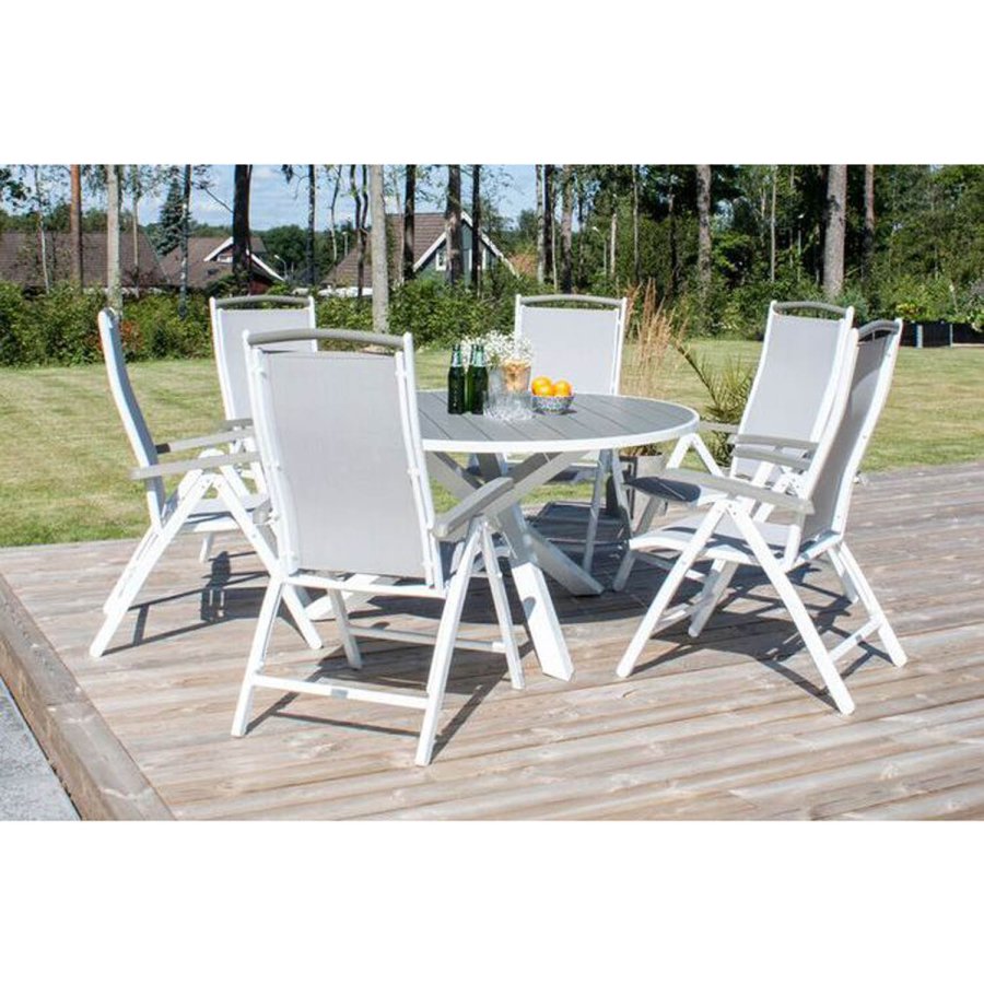 VENTURE DESIGN havest, m. Parma bord ( 140) og 6 Albany stole, m. armln - hvid alu/gr textilene