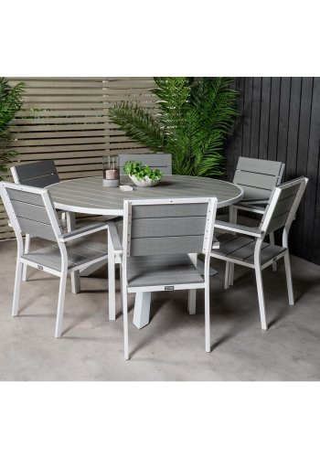 VENTURE DESIGN havest, m. Parma bord ( 140) og 6 Levels stole m. armln - hvid alu/gr aintwood