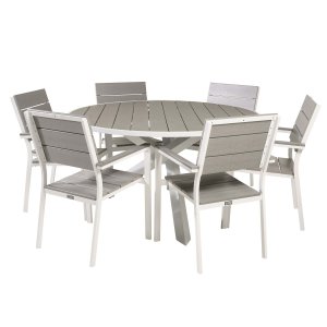 VENTURE DESIGN havest, m. Parma bord ( 140) og 6 Levels stole m. armln - hvid alu/gr aintwood