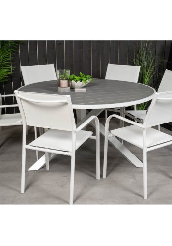 VENTURE DESIGN Gartenset mit Parma Tisch ( 140) und 6 Santorini Stühlen mit Armlehnen - Weißaluminium/Textilene