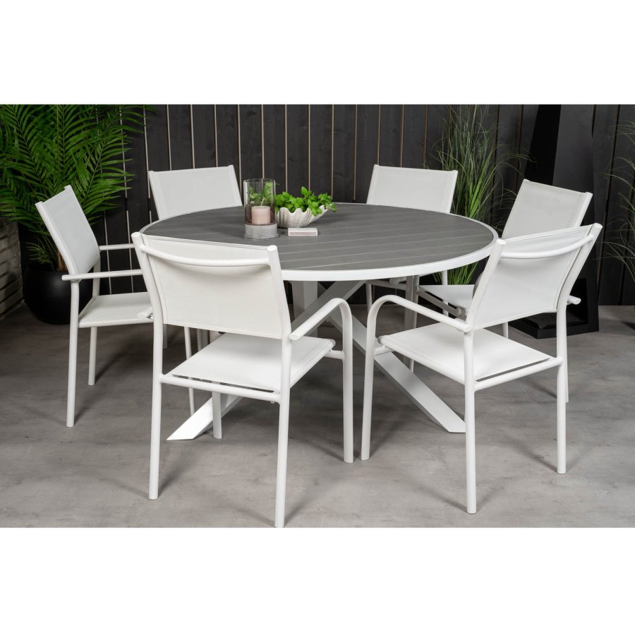 VENTURE DESIGN Gartenset mit Parma Tisch ( 140) und 6 Santorini Stühlen mit Armlehnen - Weißaluminium/Textilene